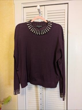 Adrianna Papell Plum Embellished Blouse - Pearl & Rhinestone Trim - Size: Large